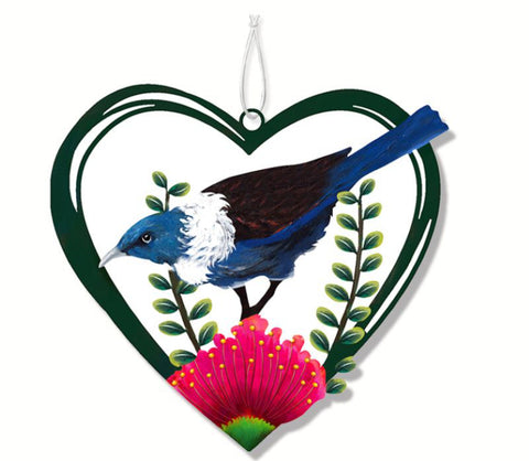 Colourful Metal Birds Hanging Hearts - Tui In The Bush